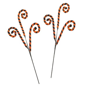 Two 29 inch halloween picks with black and orange sprays featuring striped curly tops for halloween decorations