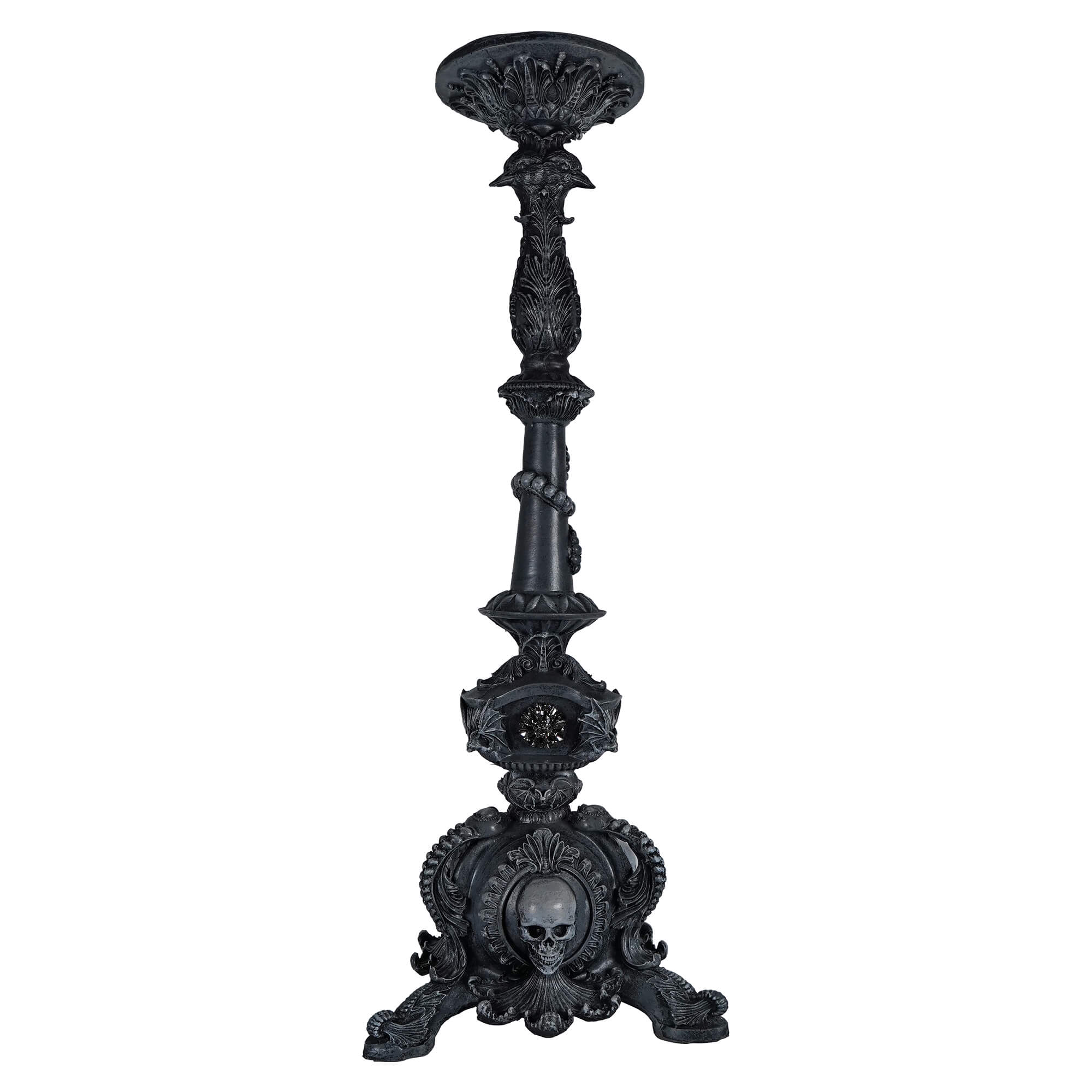 29 inch large black pillar candle holder with gothic statement piece design and skull motif for bold decor