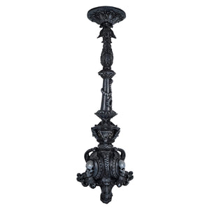 29 inch large black pillar candle holder with ornate gothic skull detailing perfect gothic statement piece
