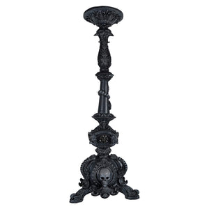 29 inch large black pillar candle holder with gothic statement piece design and skull motif for bold decor