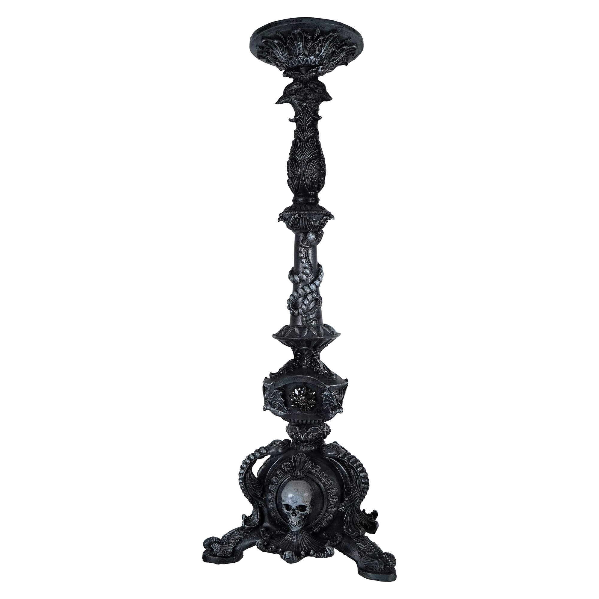 29 inch large black pillar candle holder with gothic skull motif and intricate ornate detailing perfect gothic statement piece