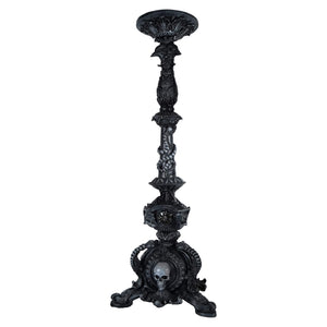 29 inch large black pillar candle holder with gothic skull motif and intricate ornate detailing perfect gothic statement piece