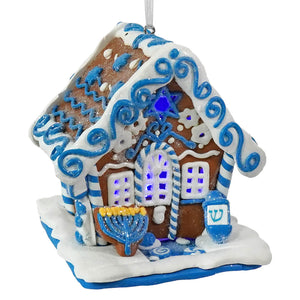 3.5 inch lighted gingerbread house ornament in blue and white claydough with candy cane trim and menorah front