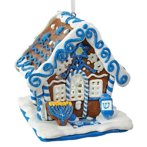3.5 inch lighted gingerbread house ornament in blue and white claydough with menorah and dreidel details