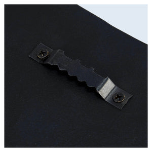 Black metal picture hanging bracket with wavy design and two screw holes for 30 inch large ghost dog porch leaner hanger
