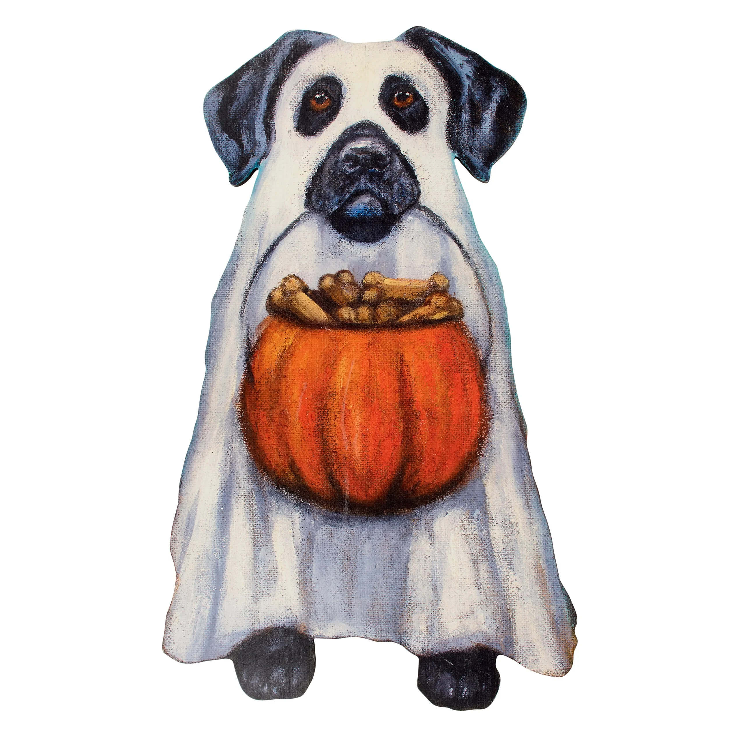 Dog dressed as a ghost holding a pumpkin of bones on a 30 inch large ghost dog porch leaner and hanger