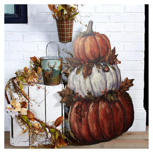 31.5 inch large pumpkin stack porch leaner and hanger with rustic orange white red pumpkins and autumn leaves for thanksgiving harvest pumpkins and gourds