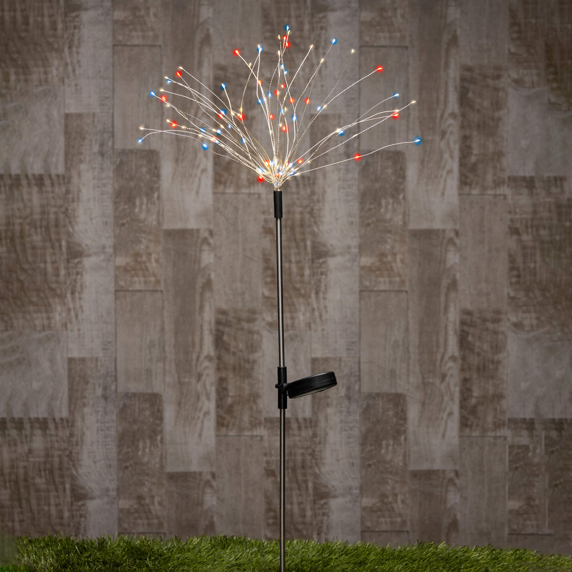 36.25 inch solar lighted firework starburst light stake with 120 red white and blue micro led lights for yard use