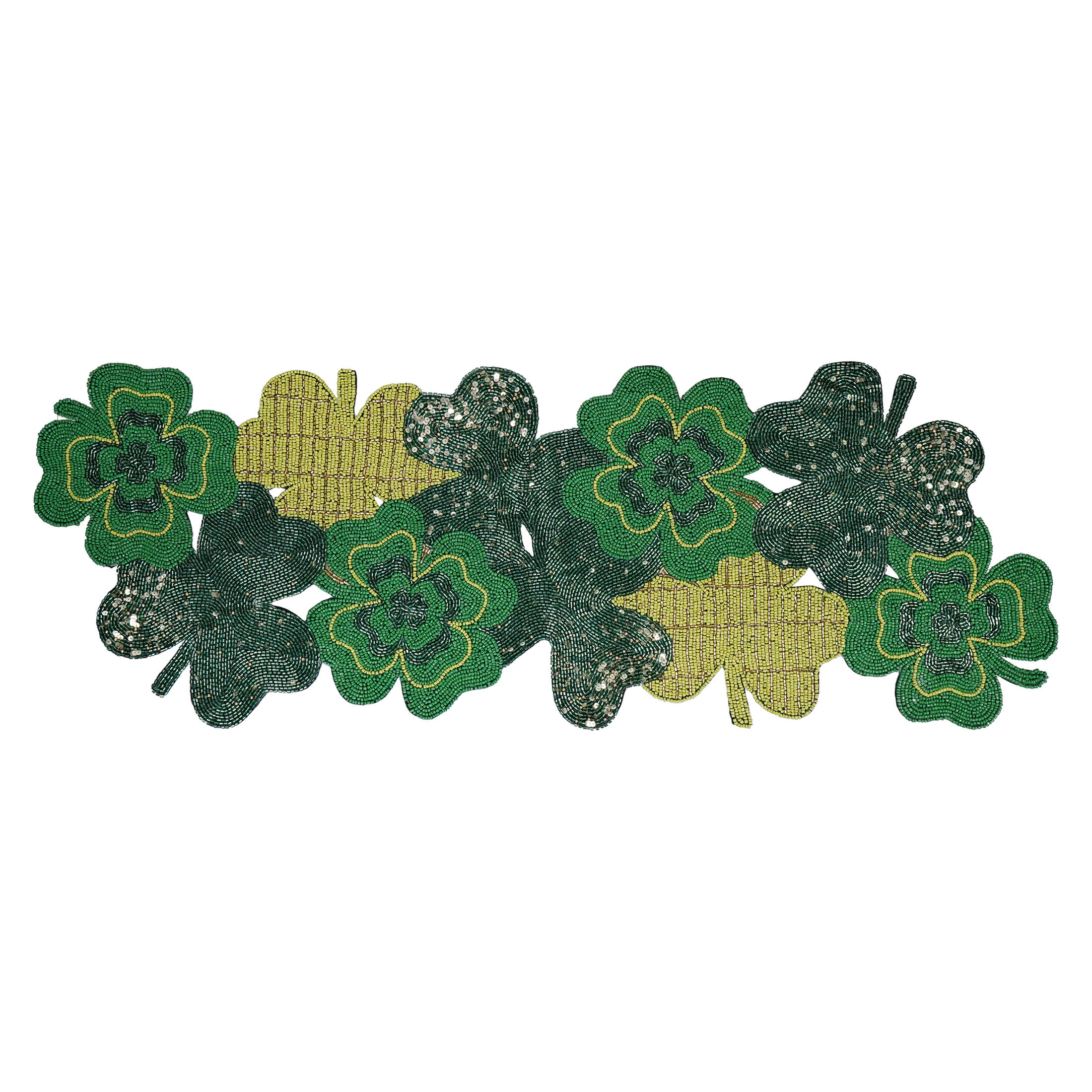 Decorative border pattern of green and gold shamrocks with glittery textures.