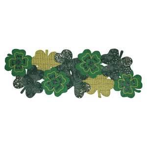 Decorative border pattern of green and gold shamrocks with glittery textures.