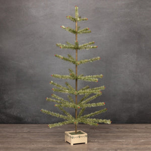 36 inch green feather tinsel tree with wood base featuring needle-like branches and small red ornaments