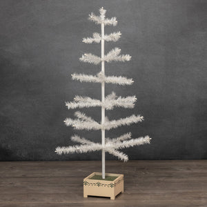 36 inch ivory feather tinsel tree with frosted branches in a wooden base featuring green leafy patterns
