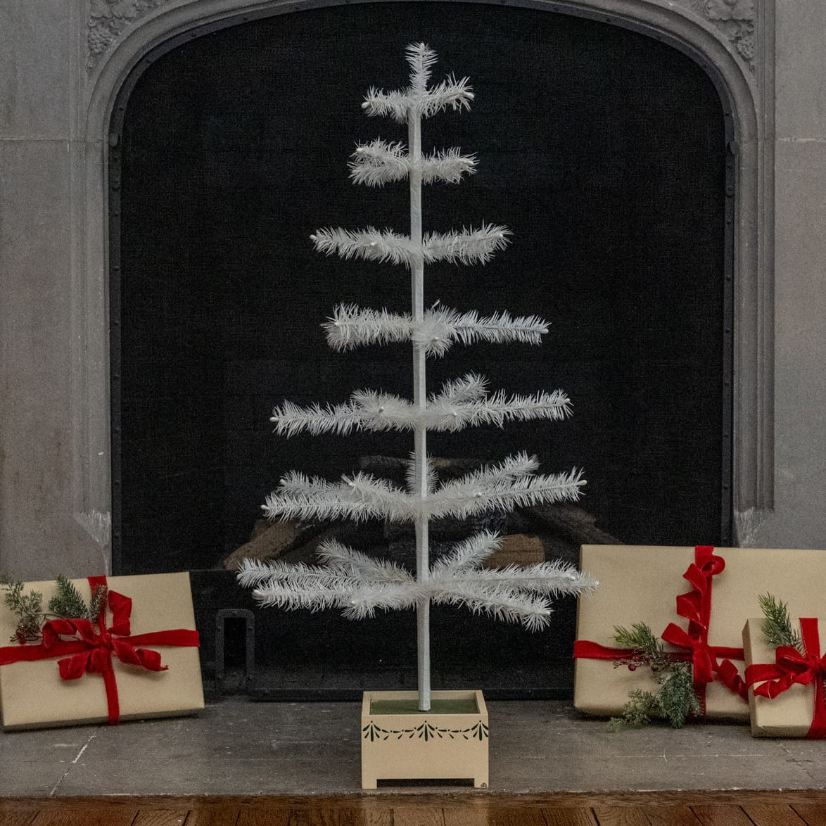 36 inch ivory feather tinsel tree with frosted branches and wood base perfect as a pewter tinsel tree decor
