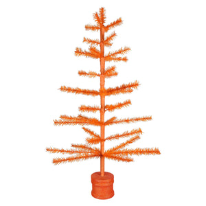 36 inch orange metallic halloween feather tree with textured glittery finish and tiered branches small tree