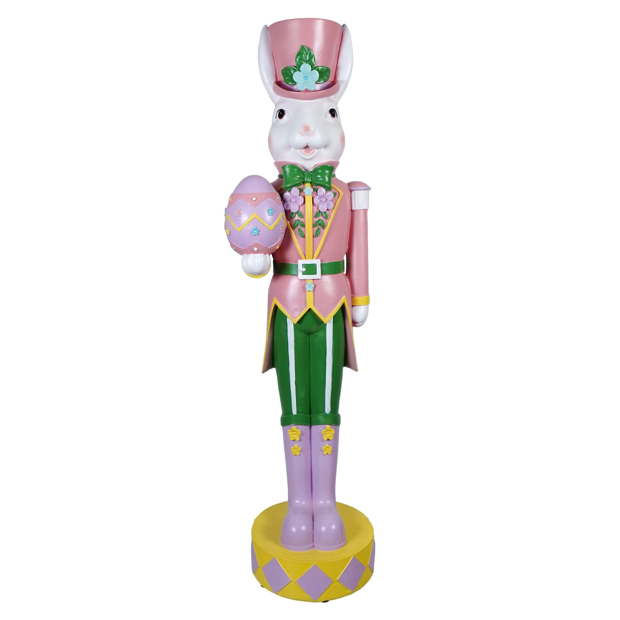 Easter-themed nutcracker styled as a bunny soldier holding a decorated egg.