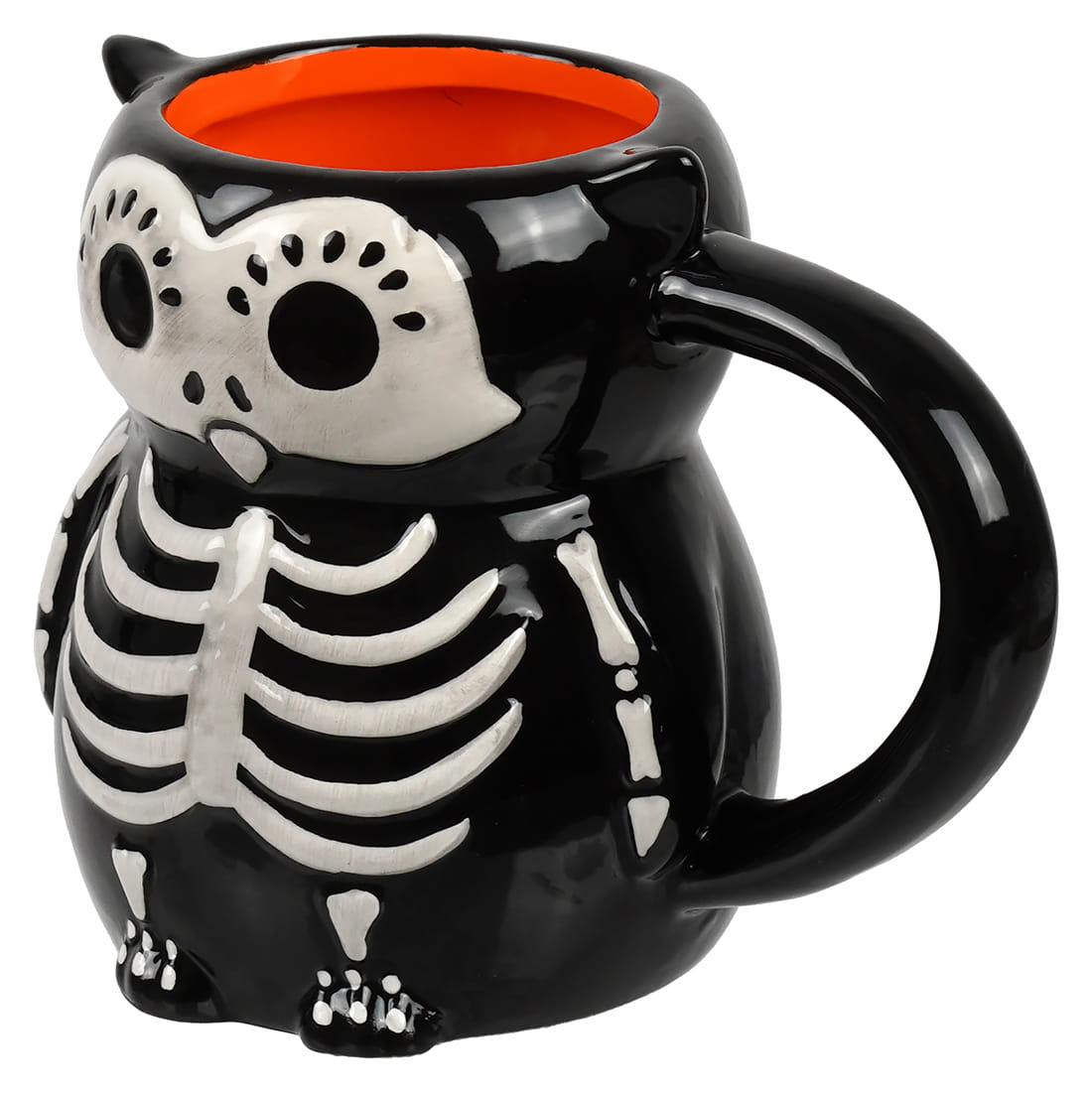 4.25 inch black ceramic lil owl skeleton mug with white bone design and bright orange interior for spooky sipping