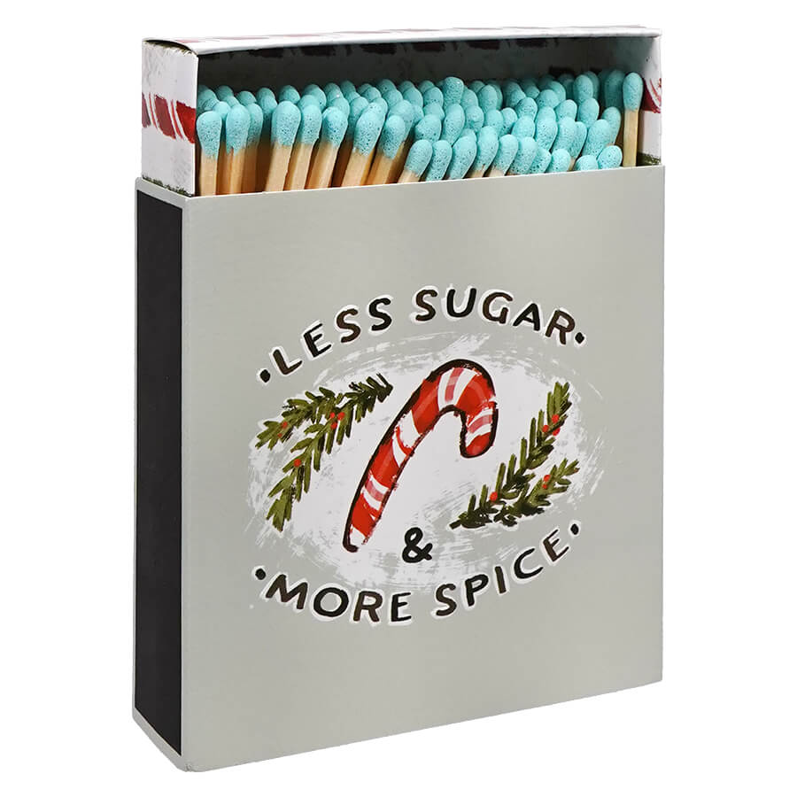 4.25’’ Long Safety Matches In Embossed ’Less Sugar & More Spice’ Candy Cane Matchbox - Christmas