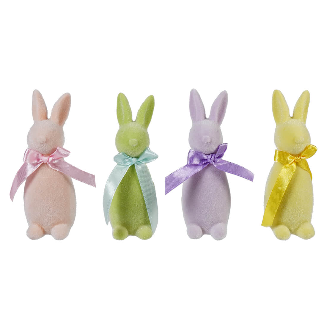 Set of 4 pastel green pink yellow and violet flocked easter bunnies with satin ribbons vintage easter bunny figural decor
