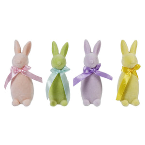 Set of 4 pastel green pink yellow and violet flocked easter bunnies with satin ribbons vintage easter bunny figural decor