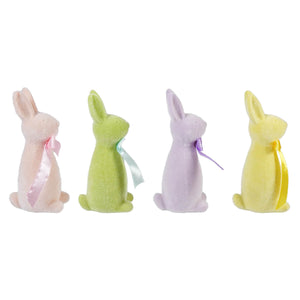 Four 4.25 inch pastel green pink yellow and violet flocked easter bunnies with satin ribbons vintage easter bunny figural decor
