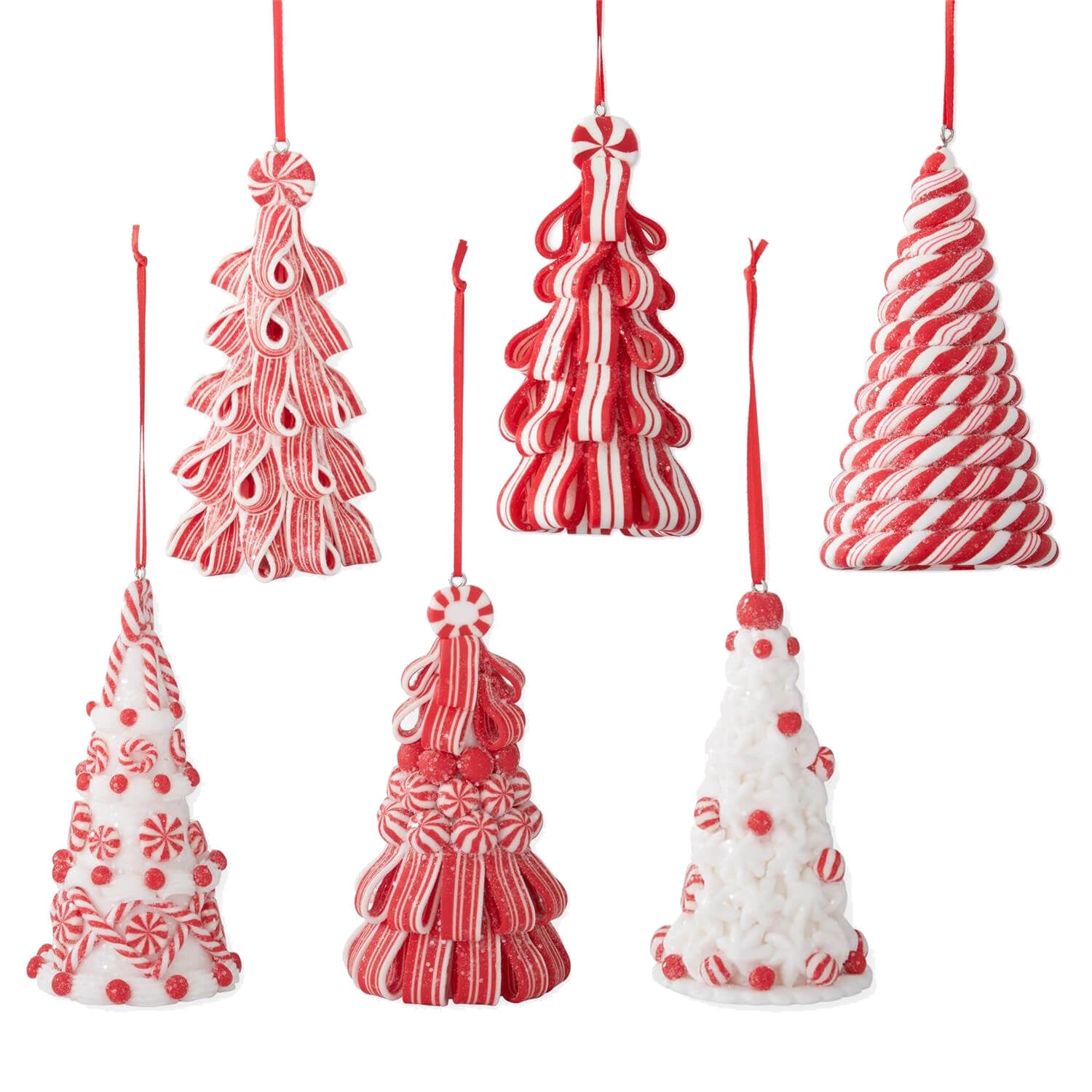 4.5 inch assorted red and white striped candy tree ornaments set with glossy textured non-glass ribbon candy tree decor
