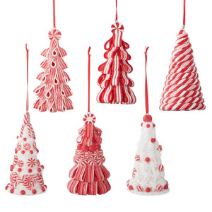 4.5 inch assorted red and white striped candy tree ornaments set with glossy textured non-glass ribbon candy tree decor