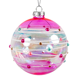 4 inch bubble gum ball glass ornament with translucent pink iridescent finish and colorful beads for christmas ornaments