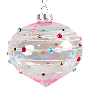 4 inch bubble gum drop glass ornament with pink iridescent gradient and beaded onion ornament stripes by Kurt Adler