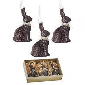 Set of three 4 inch glass chocolate bunny ornaments in brown bunny ornaments boxed for holiday decor