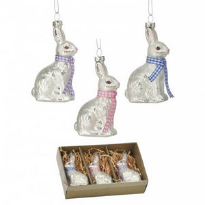 Silver glass bunny ornaments with checkered scarves from a 4 inch ivory spring bunny set of 3 spring bunny ornaments