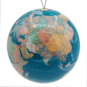 4 inch shiny earth globe ornament with inge glas finish featuring blue earth globe and detailed country borders