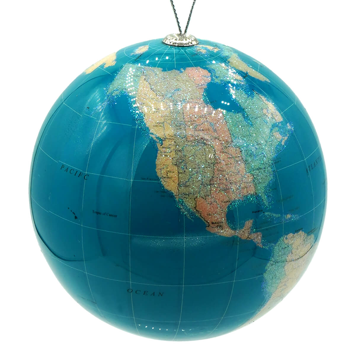 4 inch shiny globe ornament with a glossy teal blue earth globe and gold detailed landmasses for christmas decor