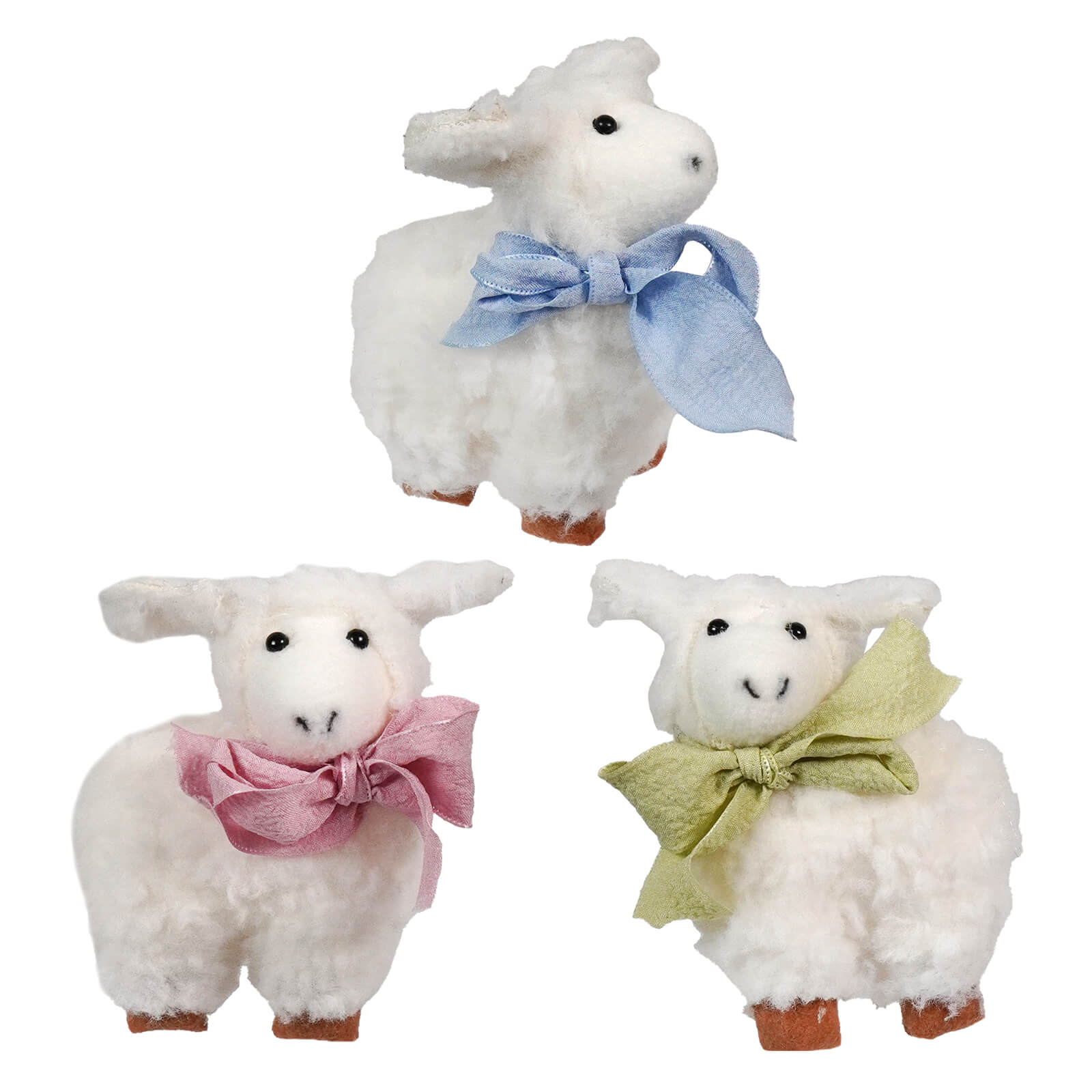 White plush mini lambs set of 3 with soft fluffy bodies and colorful satin bows perfect for adorable farmyard decor