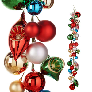 A 4 foot vintage glass and beaded christmas garland with glossy multicolored ornament balls in various shapes and sizes
