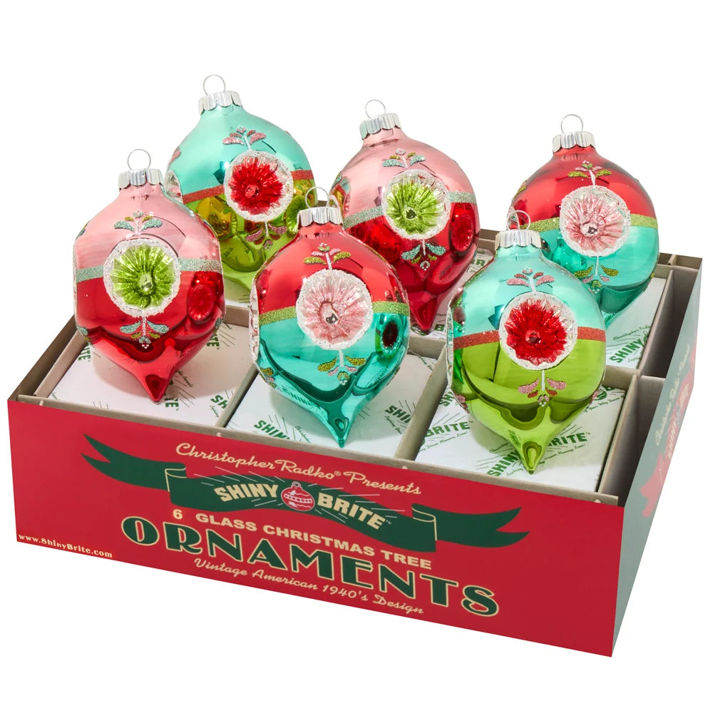 Festive Fete Decorated Reflector Tulip Ornaments Set of 6 by Christopher Radko featuring colorful pink, aqua, red, and green Shiny Brite glass ornaments with reflector centers.