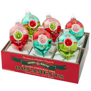 Festive Fete Decorated Reflector Tulip Ornaments Set of 6 by Christopher Radko featuring colorful pink, aqua, red, and green Shiny Brite glass ornaments with reflector centers.