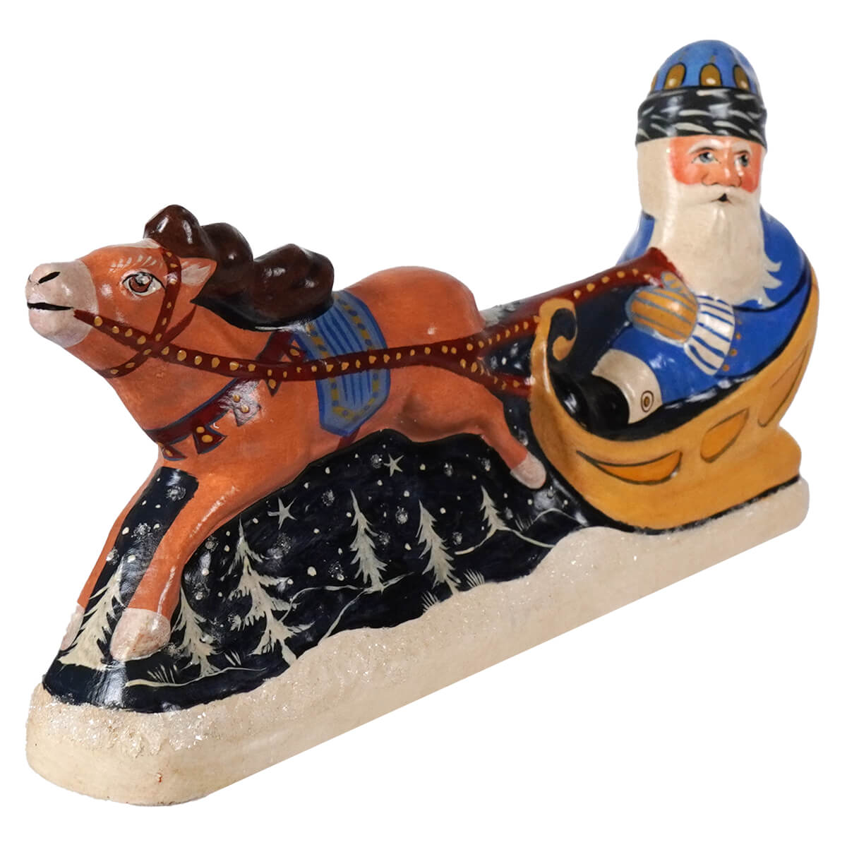 Hand-painted vaillancourt folk art blue coat santa in sleigh pulled by orange reindeer in snowy pine scene