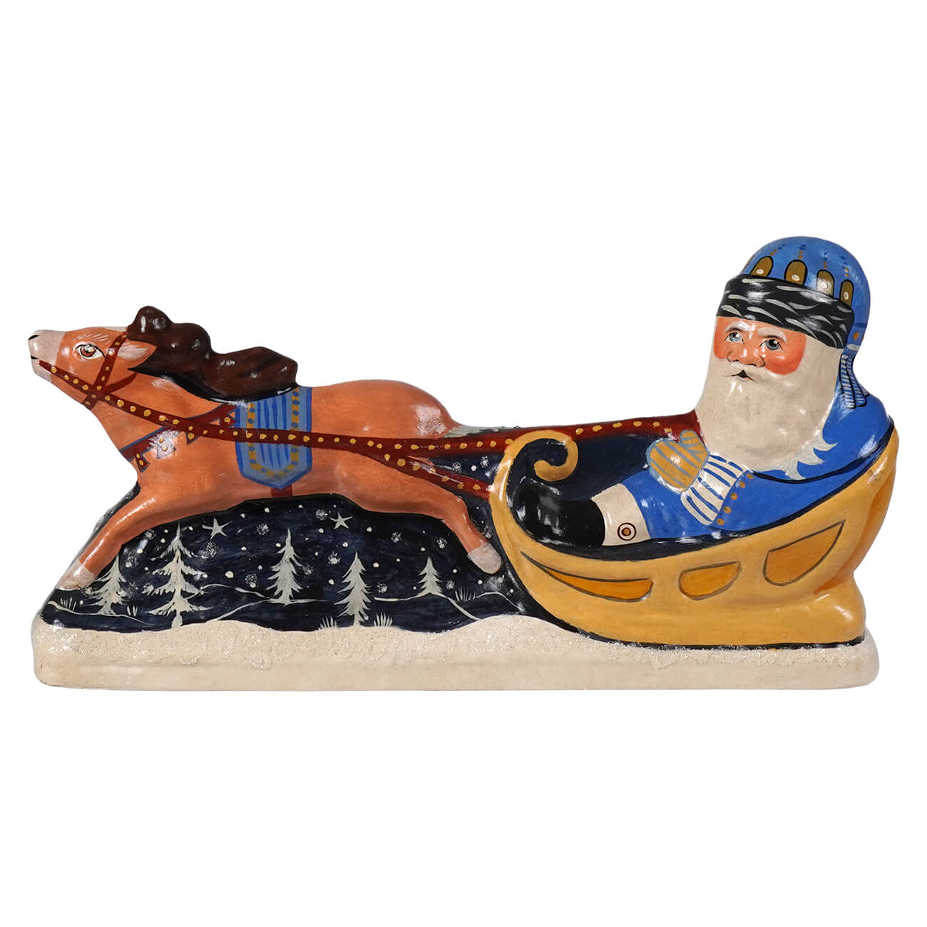 Hand painted ceramic vaillancourt folk art blue coat santa in gold sleigh pulled by orange reindeer in snowy night