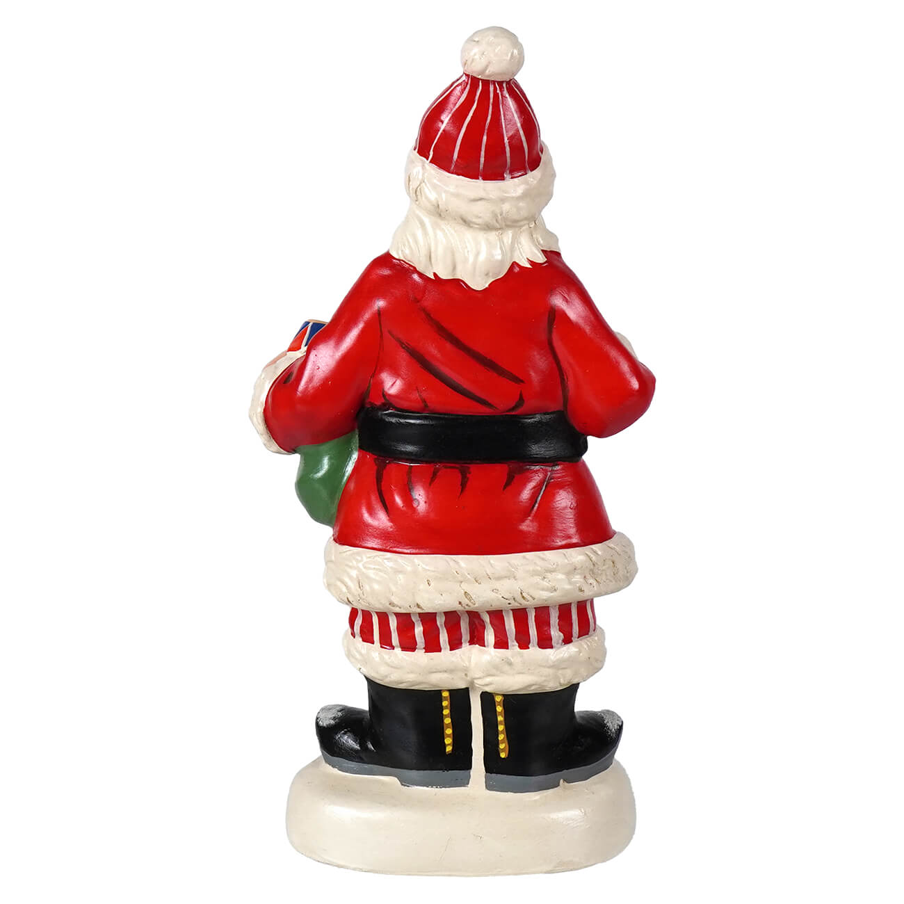 Red and white 40th anniversary vaillancourt folk art american santa figurine with black belt striped pants and green sack
