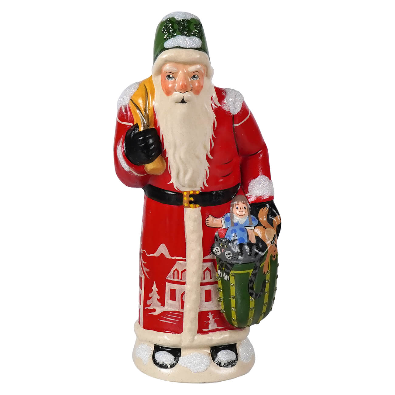 Red and green painted ceramic santa with white beard and snow dusted hat from vaillancourt folk art 40th anniversary set