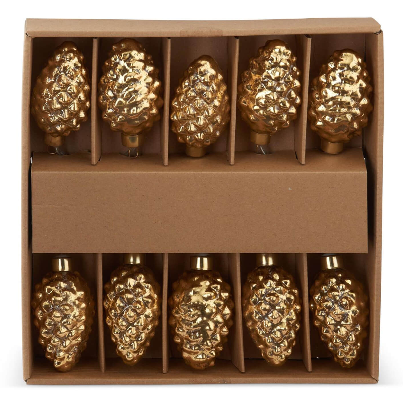 Gold pinecone garland with mercury glass led lighted gold pinecone ornaments neatly arranged in a cardboard box