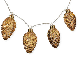 Gold pinecone garland with mercury glass led lighted gold pinecone ornaments strung on a thin wire 43 inch long