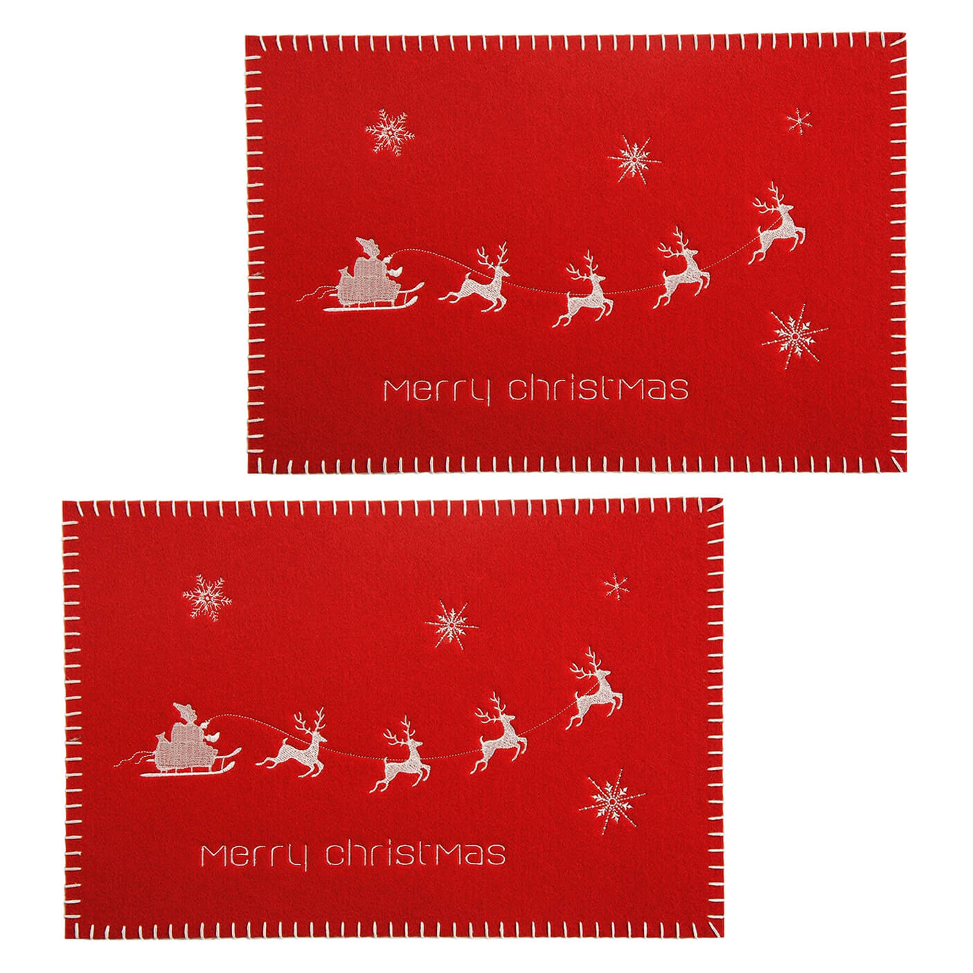 Red Felt Santa & Reindeers Merry Christmas Placemats Set/2