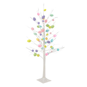 47 inch large lighted easter egg tree with white artificial branches and pastel colorful eggs in pink purple yellow green and blue