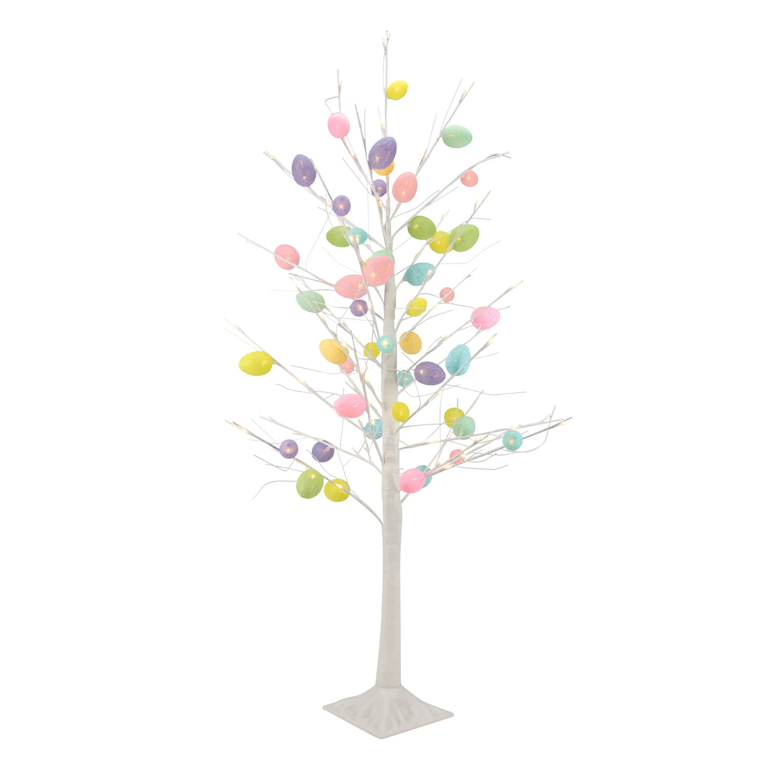 47 inch large lighted easter egg tree with white branches and pastel colored egg ornaments for spring decor