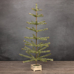 48 green feather tree with needle-like branches and red berries in a beige planter, a vintage-style tinsel tree alternative
