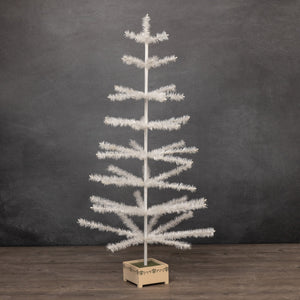 48 inch ivory feather tree with wood base featuring a slender tiered design and frosted branch tips perfect as a tinsel tree