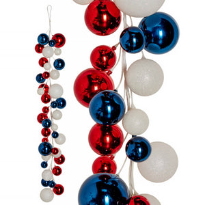 Shiny red, white, and blue Christmas ornament balls strung together in a garland.