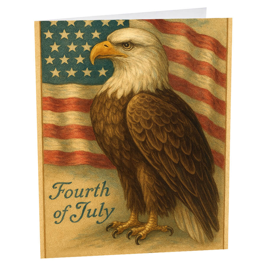 Vintage 4th of july bald eagle greeting card featuring detailed white head eagle with faded red white and blue background