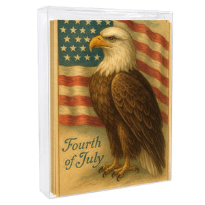 Vintage 4th of July bald eagle set greeting card with detailed eagle illustration and waving flag design